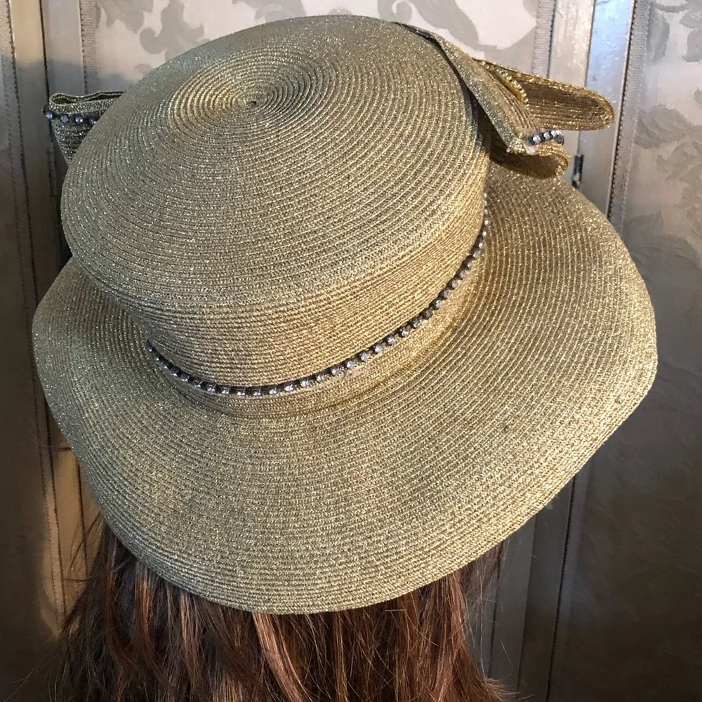 Vintage Wide Brim Embellished Gold Metallic Hat - Picture 4 of 11